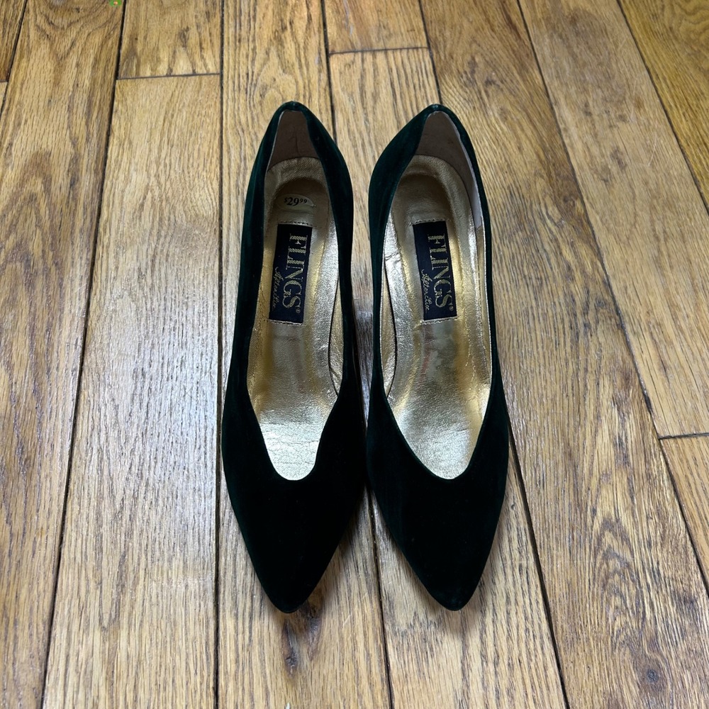 Vintage‎ Flings After Five Forest Green Velvet Pointed Toe Pumps Gold Heels 7M